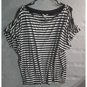 Westbound Woman Black White Striped Cold Shoulder Grommet Top Plus Size 3X